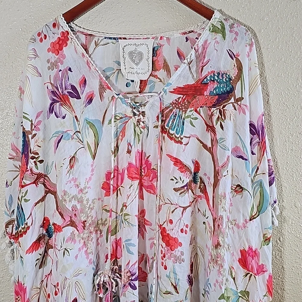 Z & L Beachy Tropical Floral Bird Tassel Fringe Kimono. - Picture 2 of 7